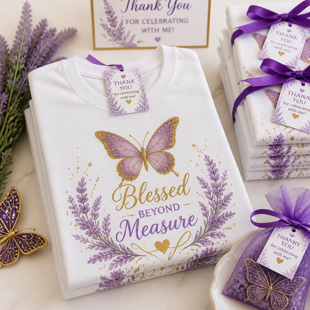 Custom purple and gold butterfly t-shirts for party favors